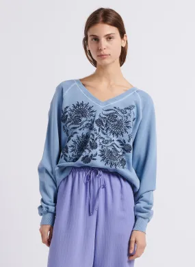 SHIVA - Sudadera extragrande con cuello en V en mezcla de algodón orgánico. en azul